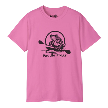Azalea Pink t-shirt with 'Paddle Frogs' logo on a white background