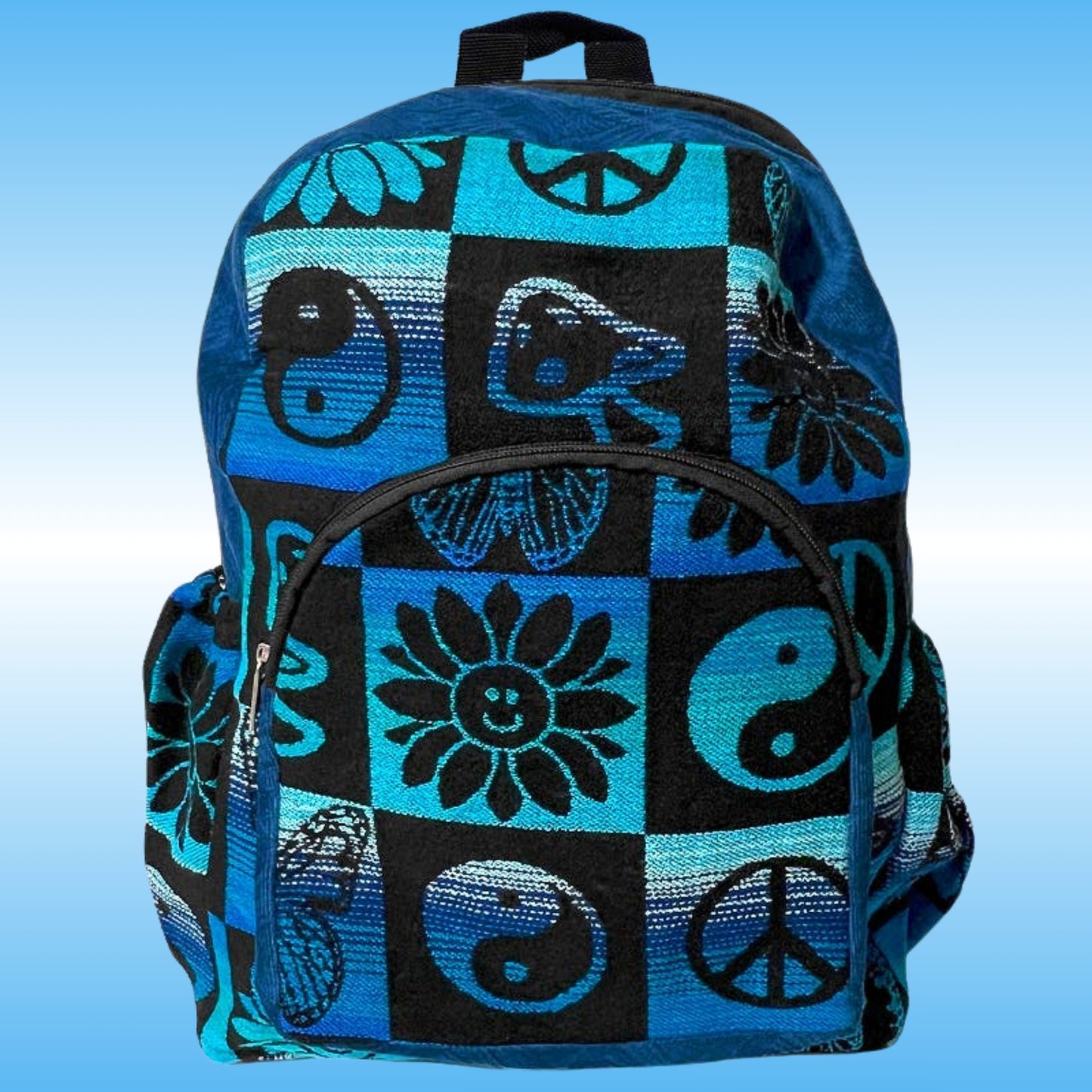 A 17 inch backpack with a blue and black checkered pattern, two bottle holders, featuring peace signs, yin-yang symbols, and flower motifs, set against a light blue gradient background.