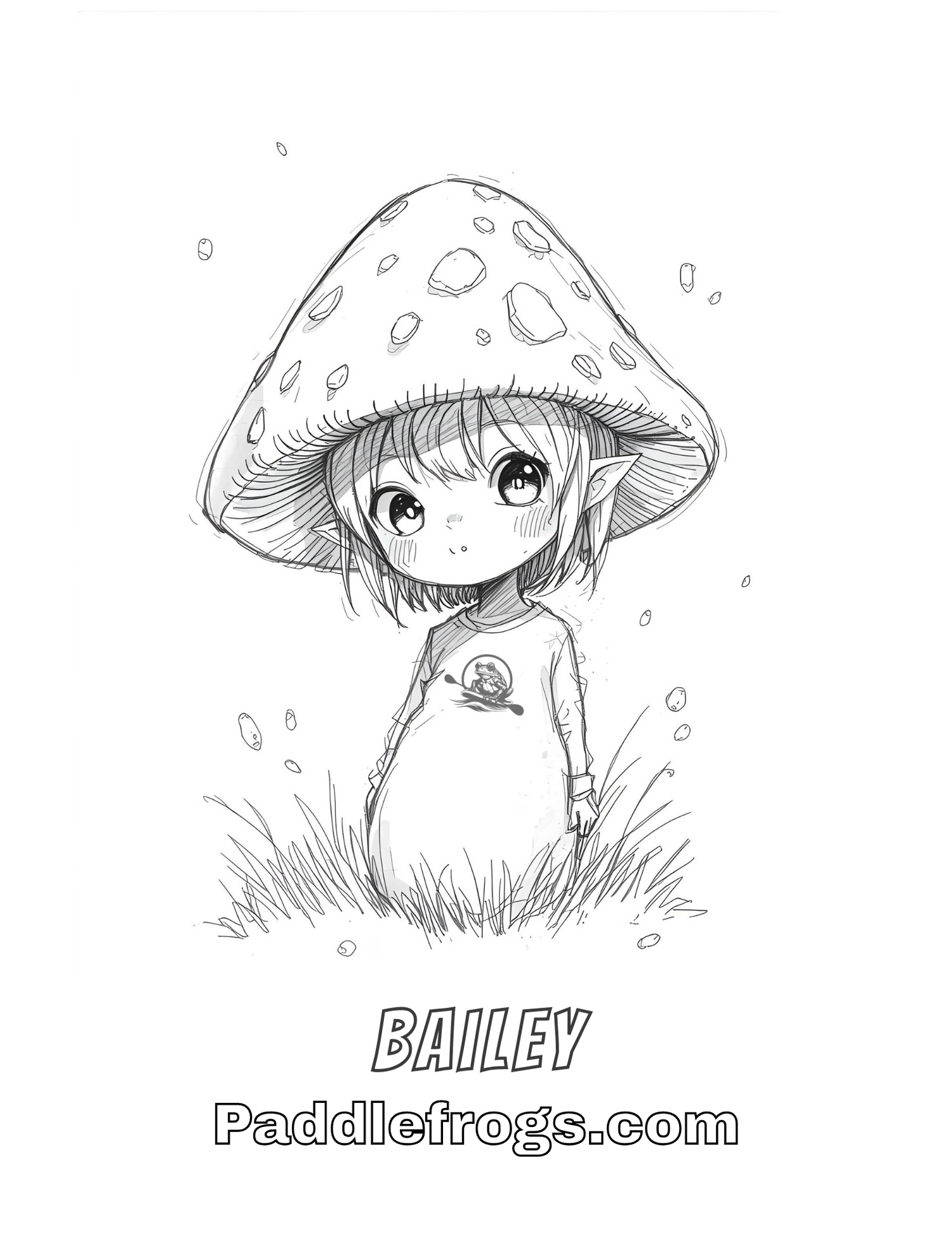 Bailey the Magic Mushroom creature coloring sheet for kids. By Paddle Frogs