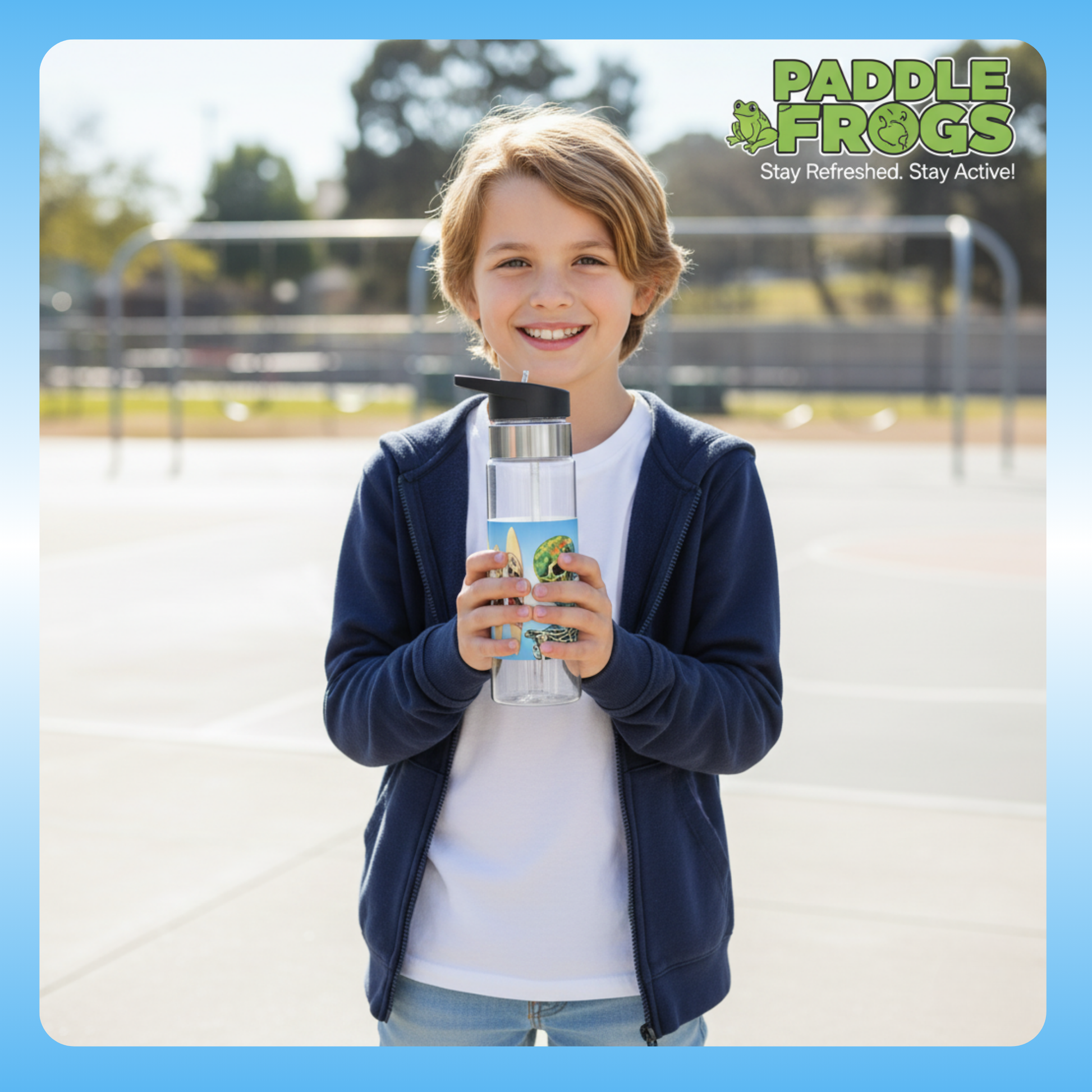 Young boy holding a water bottle with 'Paddle Frogs' branding outdoors.