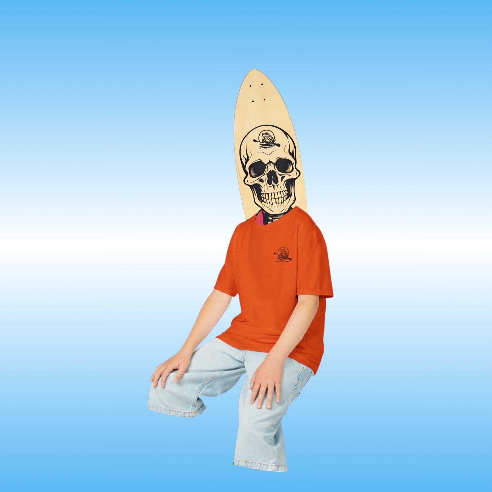  Balance Bennie kids Youth T-shirt with Balanced Bennie making an appearance  | Person wearing an orange shirt and light blue jeans holding a skateboard with a skull design on a blue background