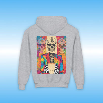 Balance Bennie youth hooded jacket Gray hoodie with a colorful skeleton design on the back against a blue gradient background