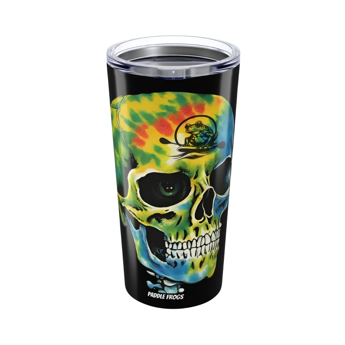 Balanced Bennie | 20oz Tumbler | Paddle Frogs Outdoor Gear - Tumbler with a colorful skull design and Paddle Frogs logo on a white background