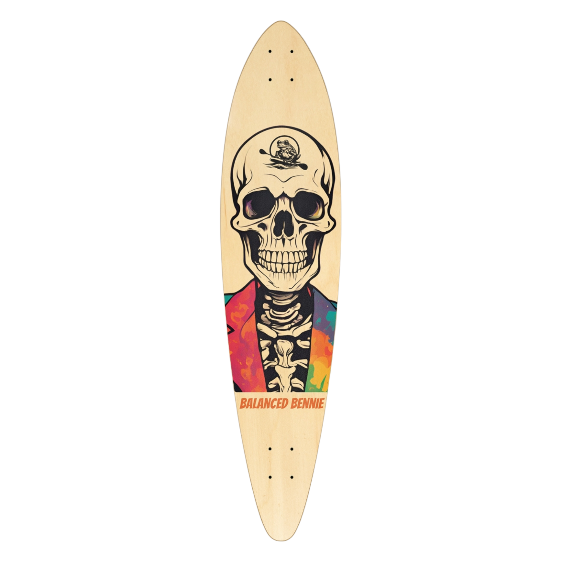 Balanced Bennie 39.5" Pintail Longboard | Paddle Frogs™ Skateboard deck with a colorful skeleton design on a white background