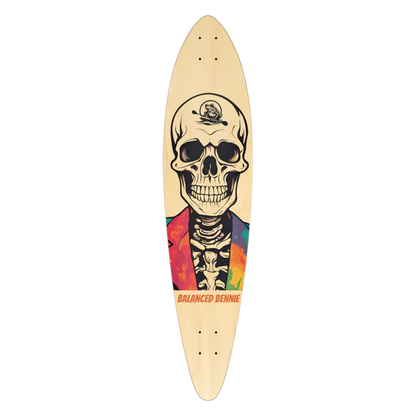 Balanced Bennie 39.5" Pintail Longboard | Paddle Frogs™ Skateboard deck with a colorful skeleton design on a white background