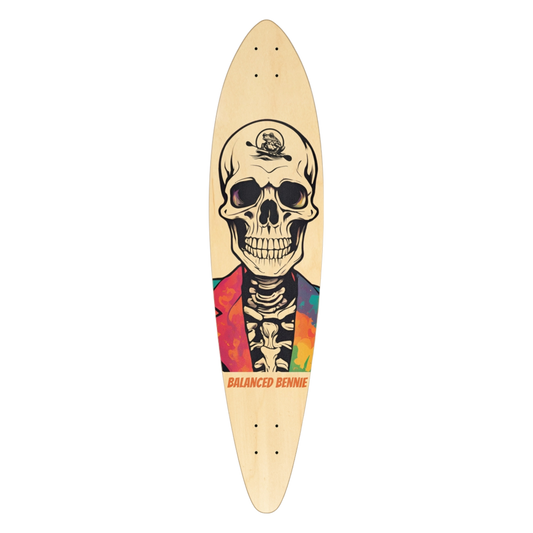 Balanced Bennie 39.5" Pintail Longboard | Paddle Frogs™ Skateboard deck with a colorful skeleton design on a white background