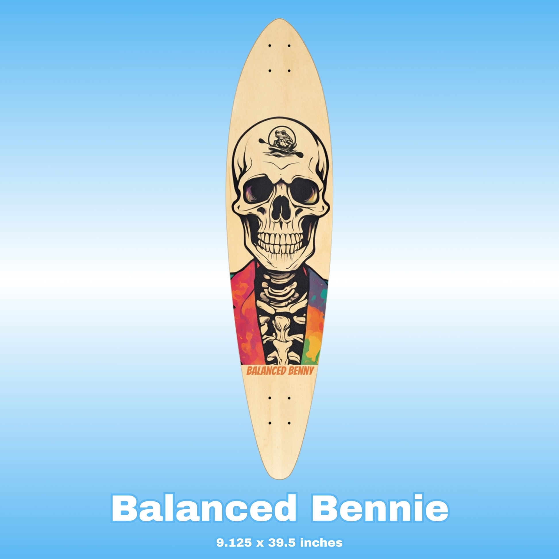 Skateboard deck with skull design on a blue background, featuring the Paddle Frogs brand character 'Balanced Bennie'.