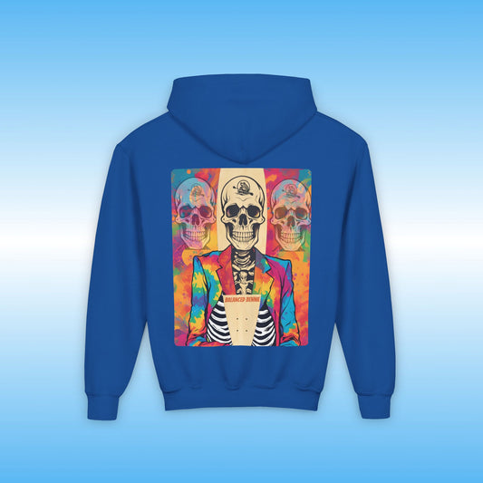Balanced Bennie Blue hoodie with a colorful skeleton design on the back against a blue background
