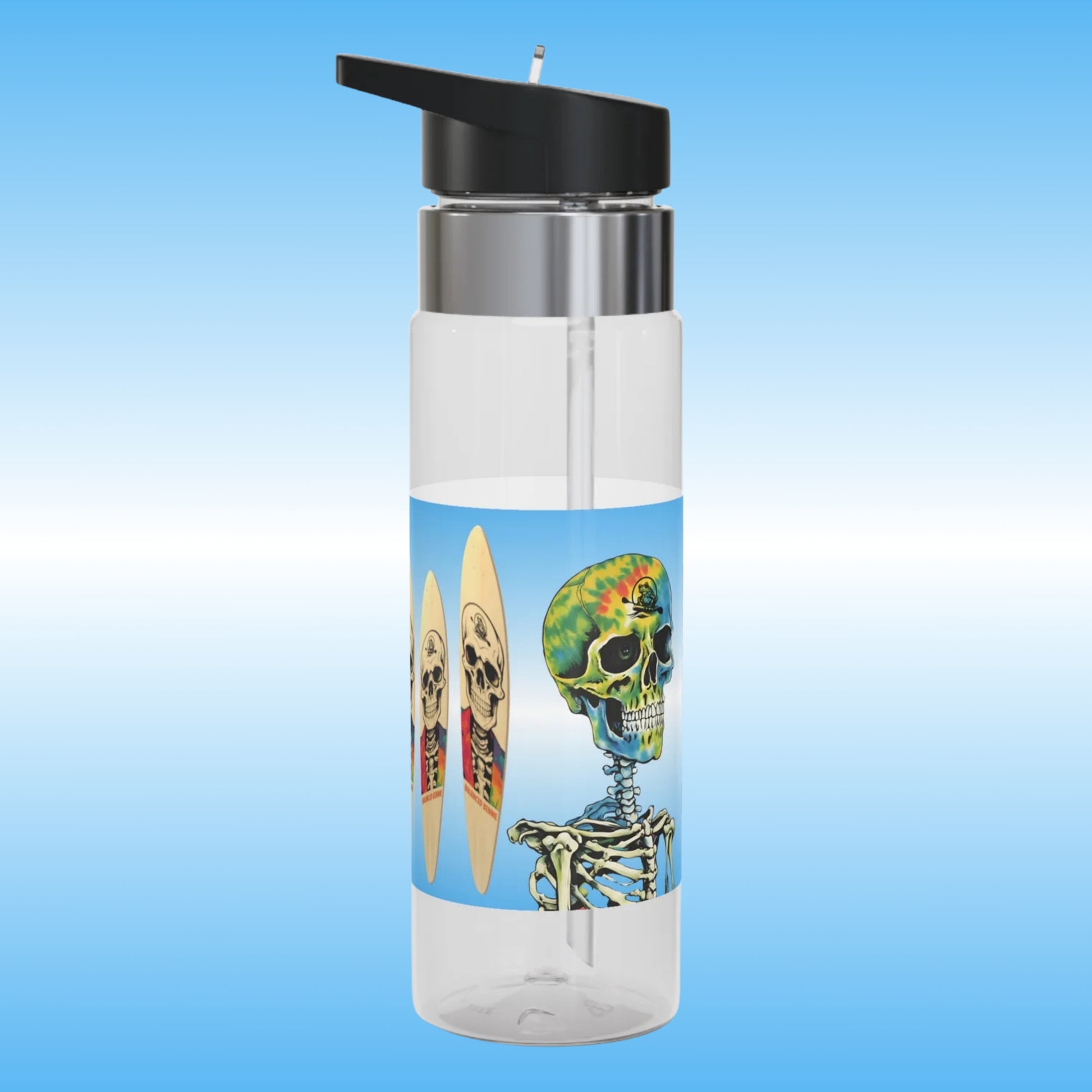 Balanced Bennie | Crystal Clear Water Bottle By Paddle Frogs | Pics of Pintail Longboard Skateboard | Picturing and Featuring Tie Dye Skeleton Face of  Balanced Bennie