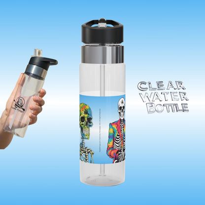 Balanced Bennie | Crystal Clear Water Bottle By Paddle Frogs | Pics of Pintail Longboard Skateboard | Picturing and Featuring Tie Dye Skeleton Face of  Balanced Bennie and The Hand Holding the transparent drinking vessel 