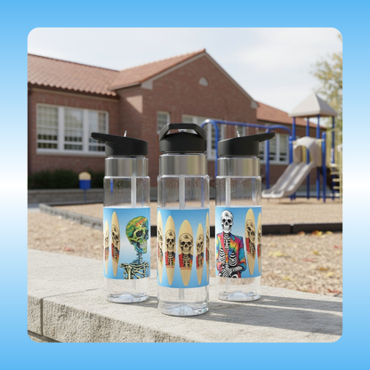 Balanced Bennie  | Paddle Frogs skeleton pintail | Three Crystal clear water bottle angles with colorful designs on a ledge in front of a school building.