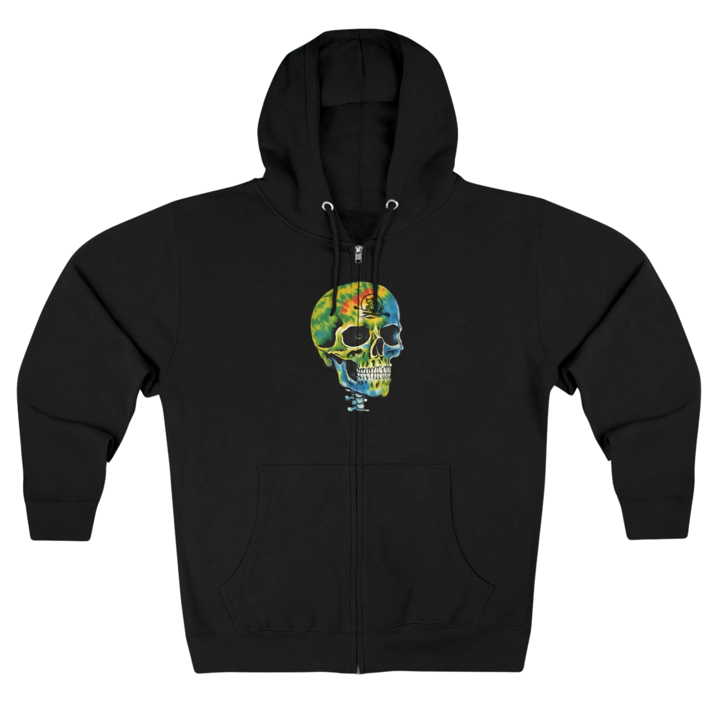 Balanced Bennie | Hoodie | Full Zip-Up Black hoodie with a colorful skull design on a white background