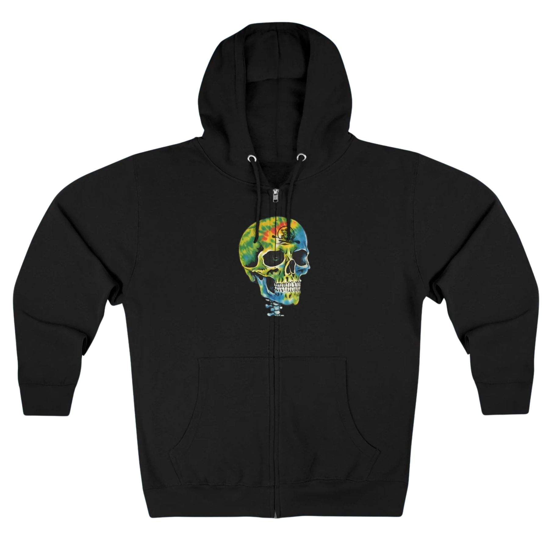 Balanced Bennie | Hoodie | Full Zip-Up Black hoodie with a colorful skull design on a white background