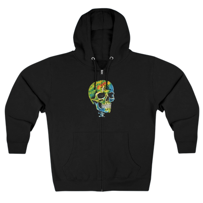 Balanced Bennie | Hoodie | Full Zip-Up Black hoodie with a colorful skull design on a white background