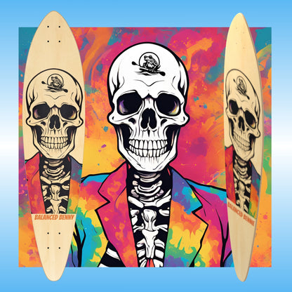 Balanced Bennie | Longboard pro skateboard deck by Paddle Frogs | Skateboard design with a skeleton wearing a colorful jacket on a vibrant background
