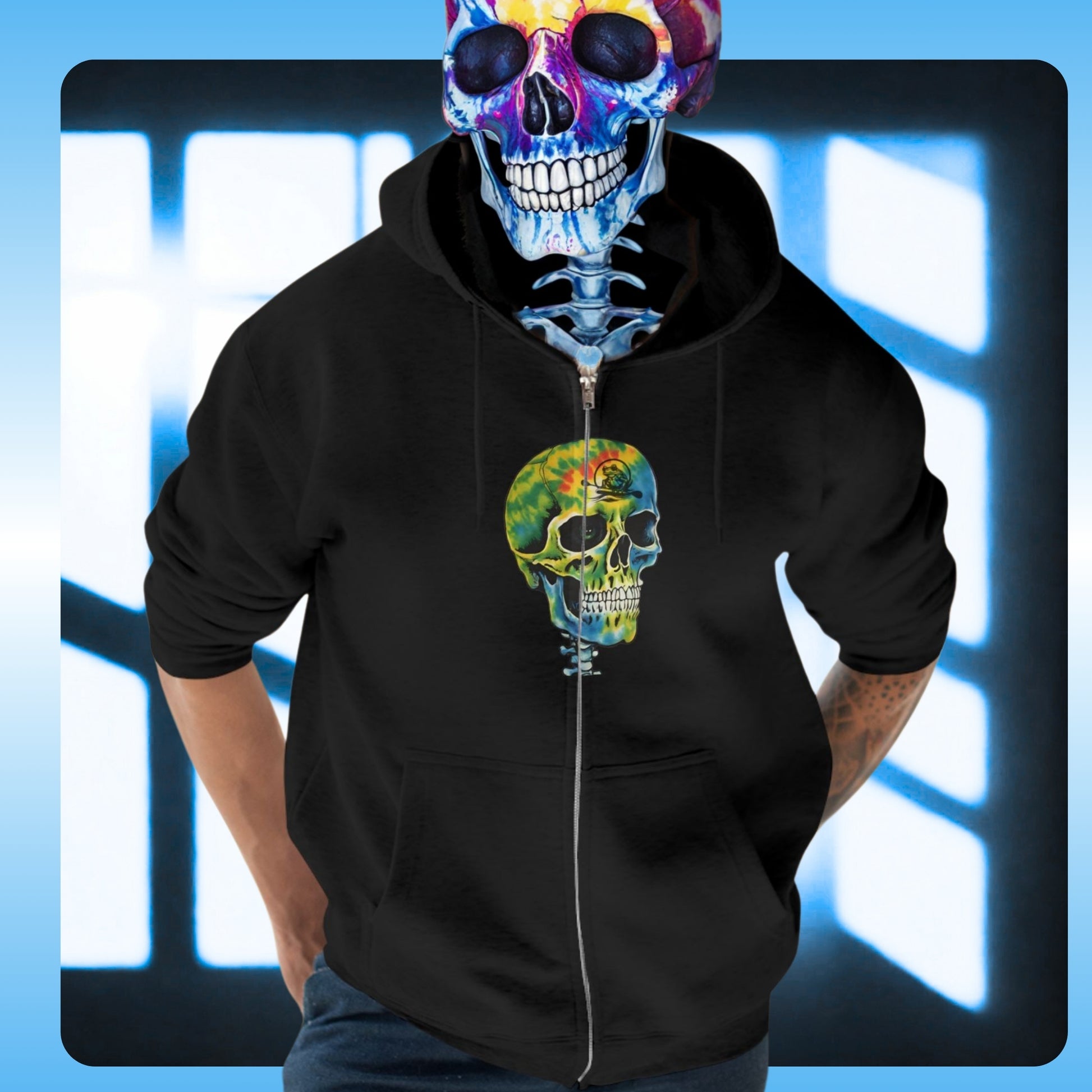 Balanced Bennie | Tie Dye | Full Zip-Up | Hoodie | Skeleton Skull Jacket Coat warm comfortable | Black hoodie with colorful skull design on a blue and black striped background