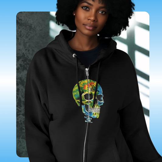 Balanced Bennie | Tie Dye | Full Zip-Up | Hoodie | Skeleton | Young woman wearing black jacket coat