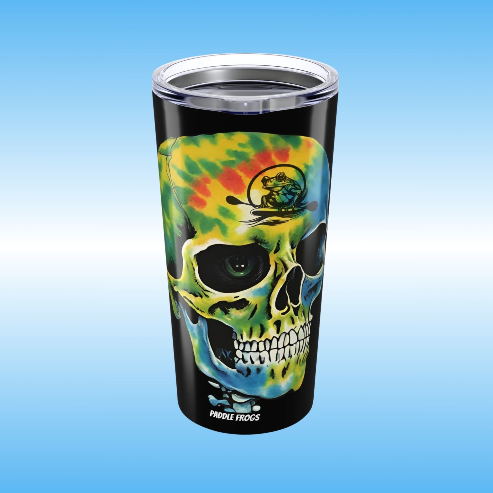 Balanced Bennie | Tie Dye Skull | 20oz Tumbler | Paddle Frogs | Tumbler with colorful skull design on a blue background