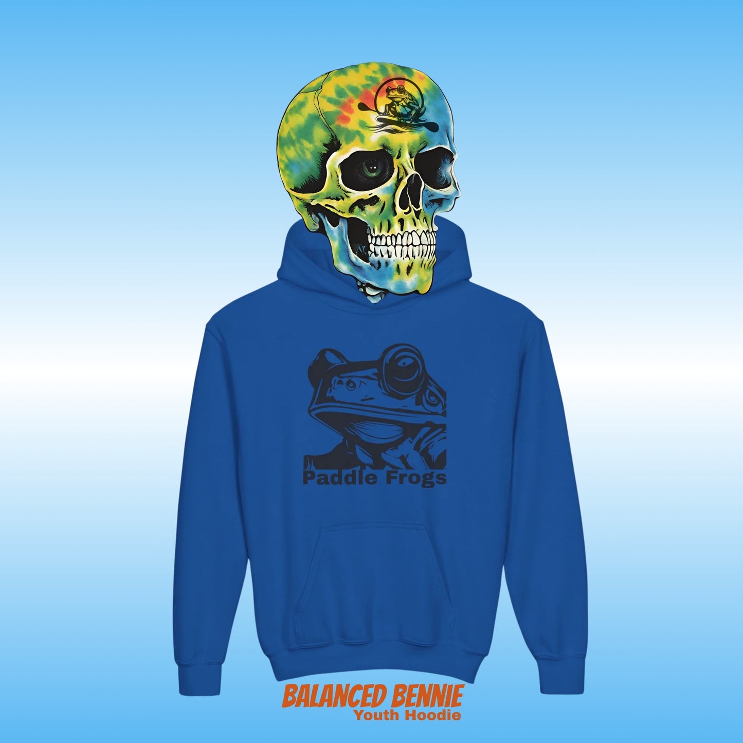 Balanced Bennie Youth Hoodie Jacket by Paddle Frogs pro skate shop | Blue hoodie with a colorful skull design on the hood against a blue background