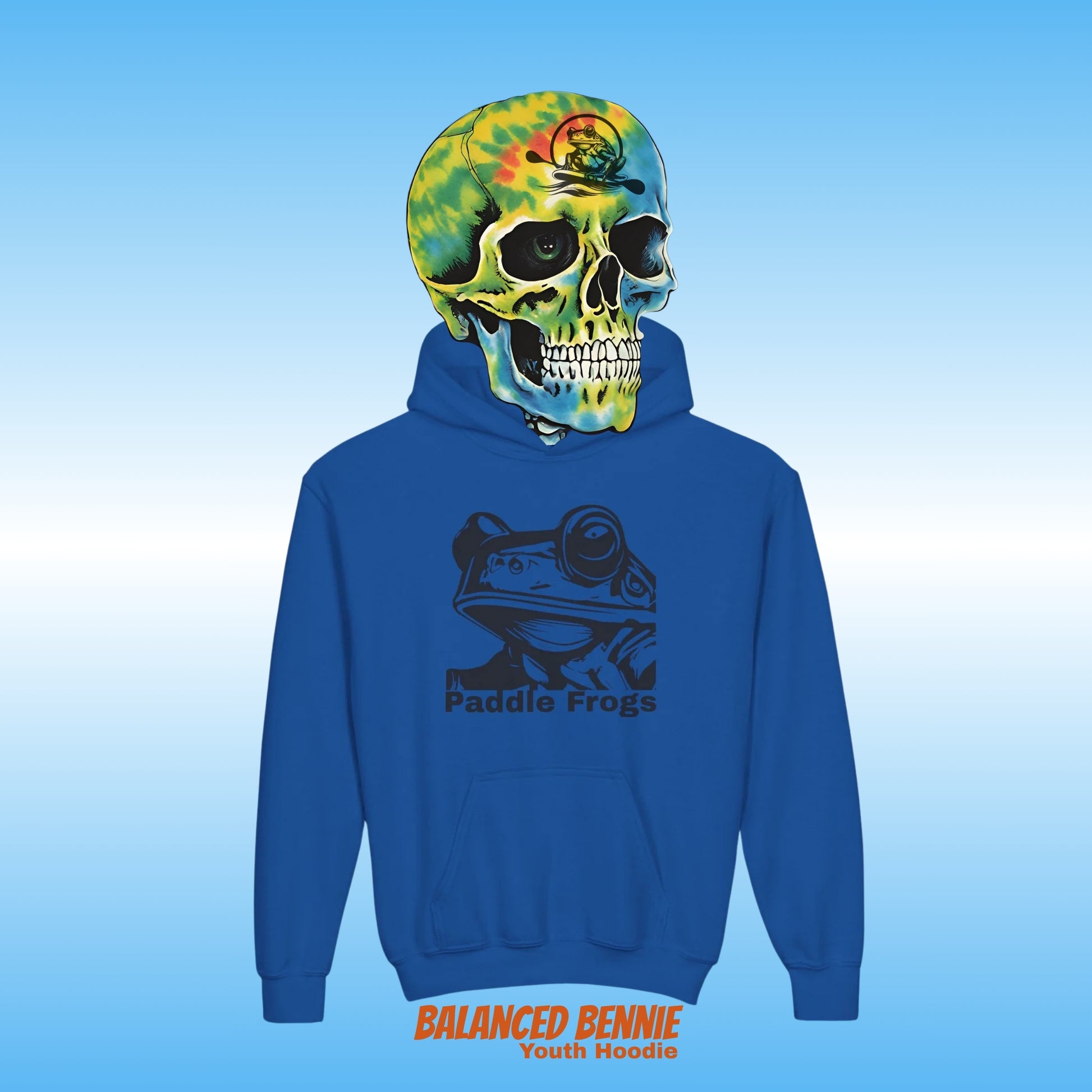 Balanced Bennie Youth Hoodie Jacket by Paddle Frogs pro skate shop | Blue hoodie with a colorful skull design on the hood against a blue background