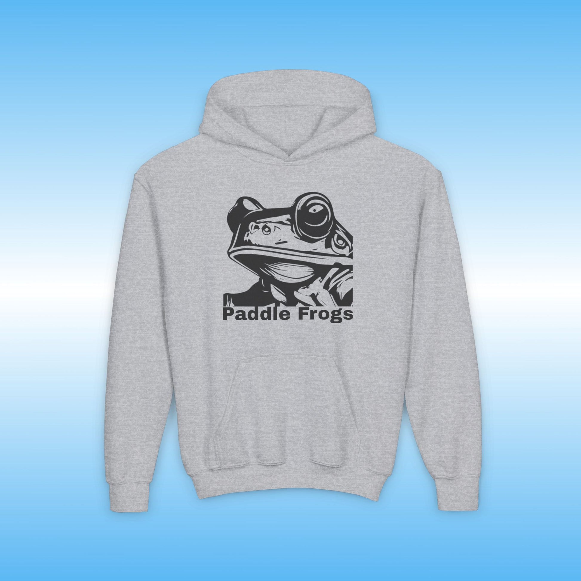 Balanced Bennie frontside Gray hoodie with a frog graphic and 'Paddle Frogs' text on a blue background