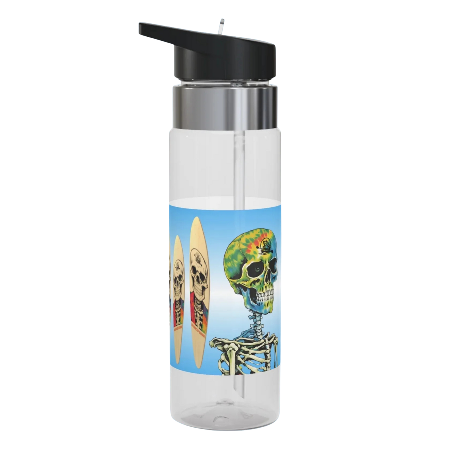 Balanced Bennie Clear water bottle with a colorful skull design on a blue background