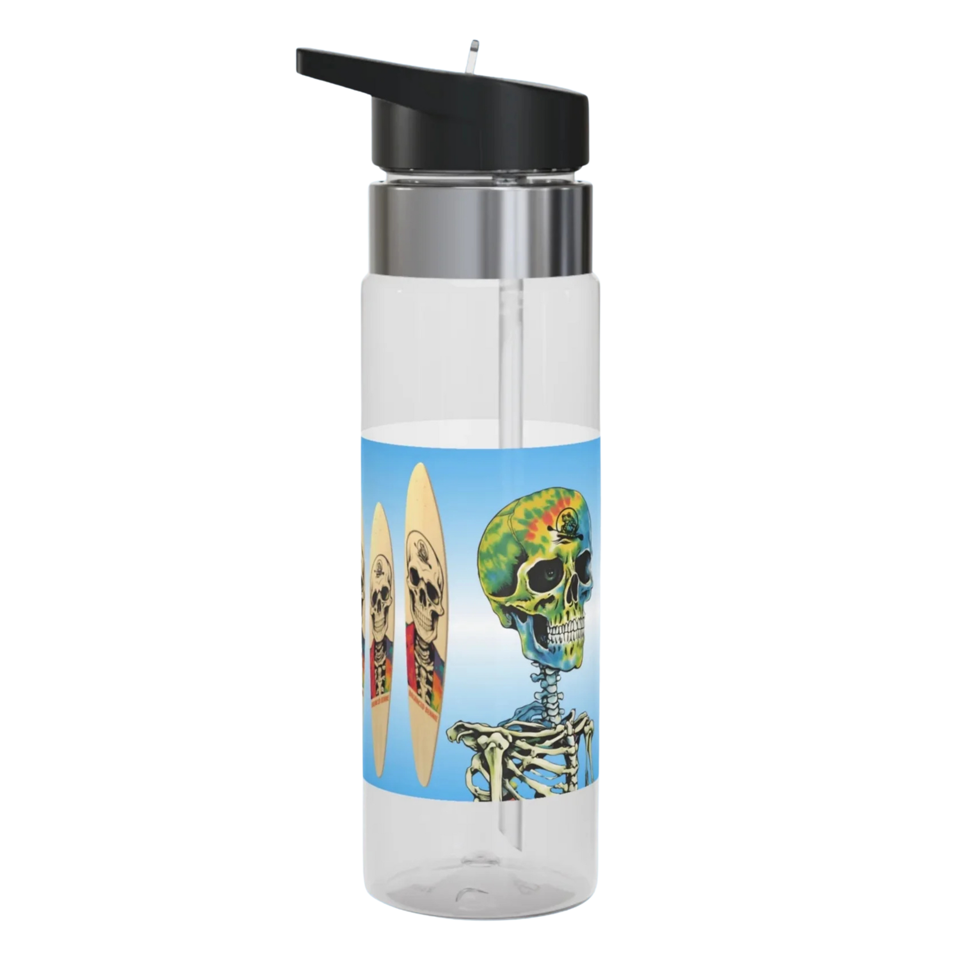 Balanced Bennie Clear water bottle with a colorful skull design on a blue background
