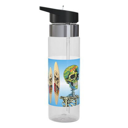 Balanced Bennie Clear water bottle with a colorful skull design on a blue background