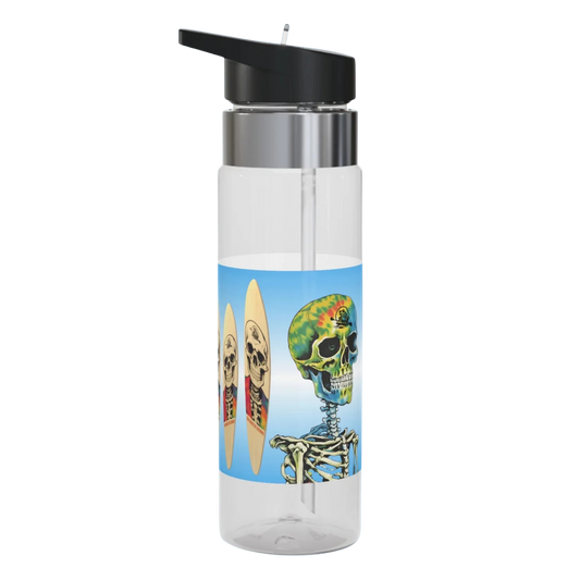 Balanced Bennie Clear water bottle with a colorful skull design on a blue background