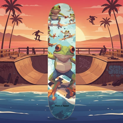 Skateboard deck with frog design at a beachside skate park