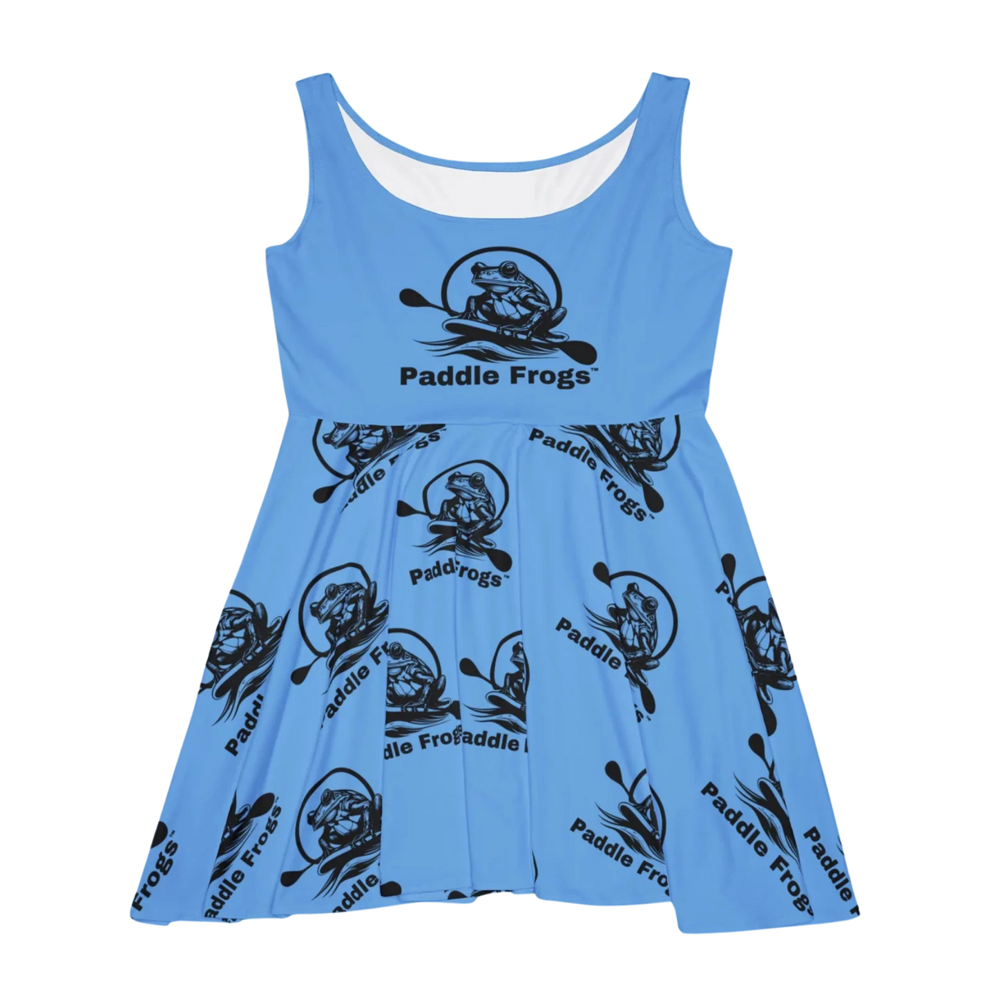 Beautiful Blue Sundress | Skater Dress Blue dress with black 'Paddle Frogs' logo pattern on a white background