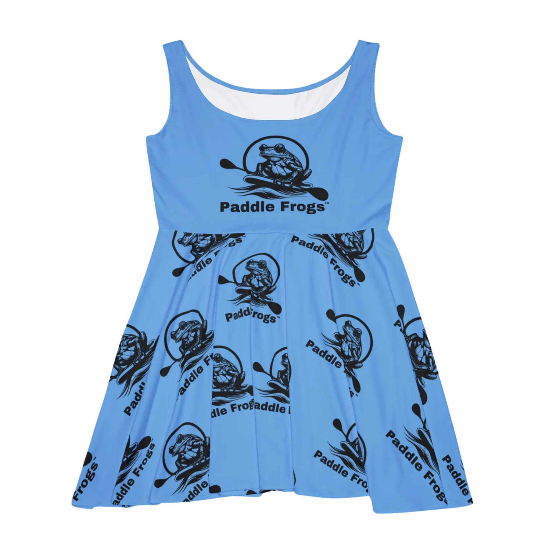 Beautiful Blue Sundress | Skater Dress Blue dress with black 'Paddle Frogs' logo pattern on a white background