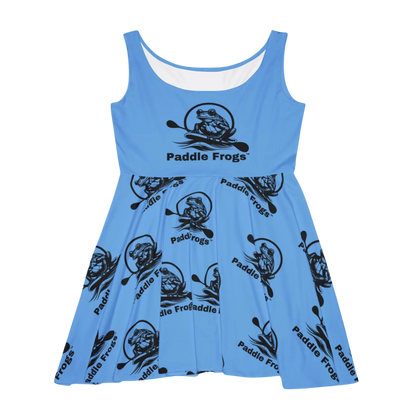 Beautiful Blue Sundress | Skater Dress Blue dress with black 'Paddle Frogs' logo pattern on a white background