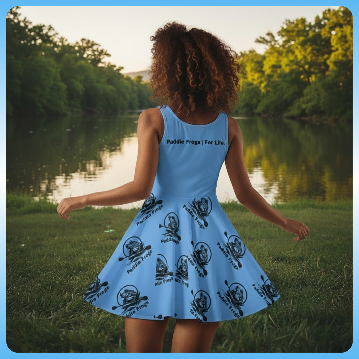 Beautiful Blue Sundress | Skater Dress Paddle Frogs model at the lake backside