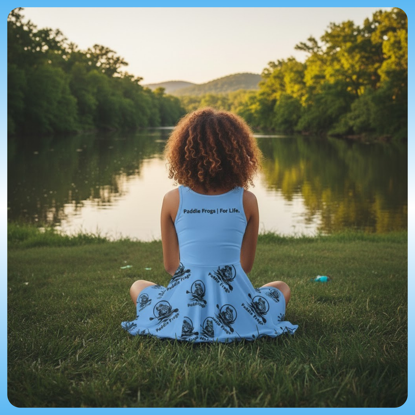 Beautiful Blue Sundress | Skater Dress Paddle Frogs model sitting crisscross applesauce