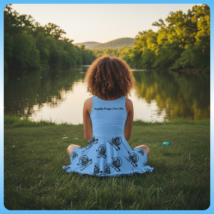 Beautiful Blue Sundress | Skater Dress Paddle Frogs model sitting crisscross applesauce