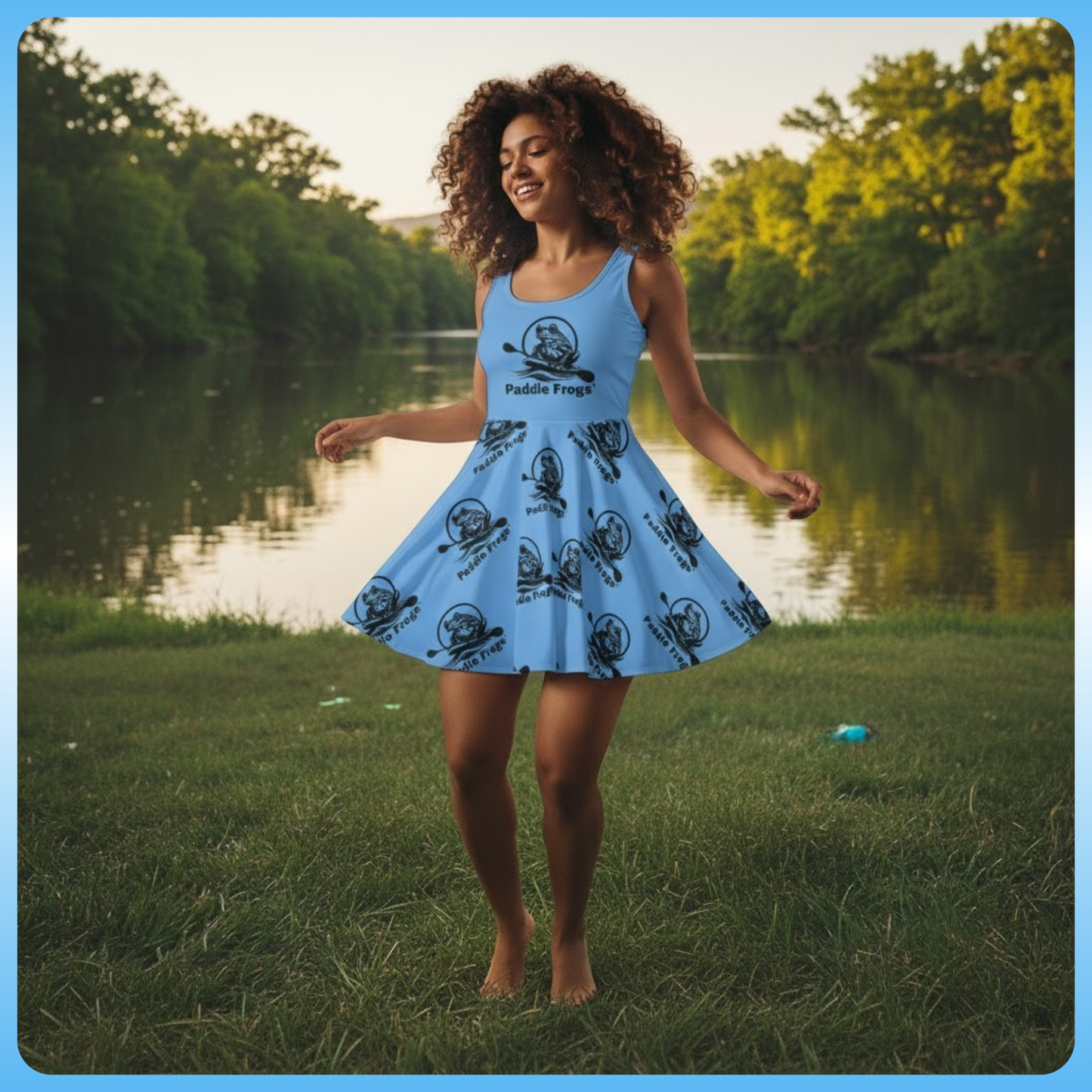 Beautiful Blue Sundress Skater Dress model at the lake dancing by Paddle Frogs Outdoor Gear