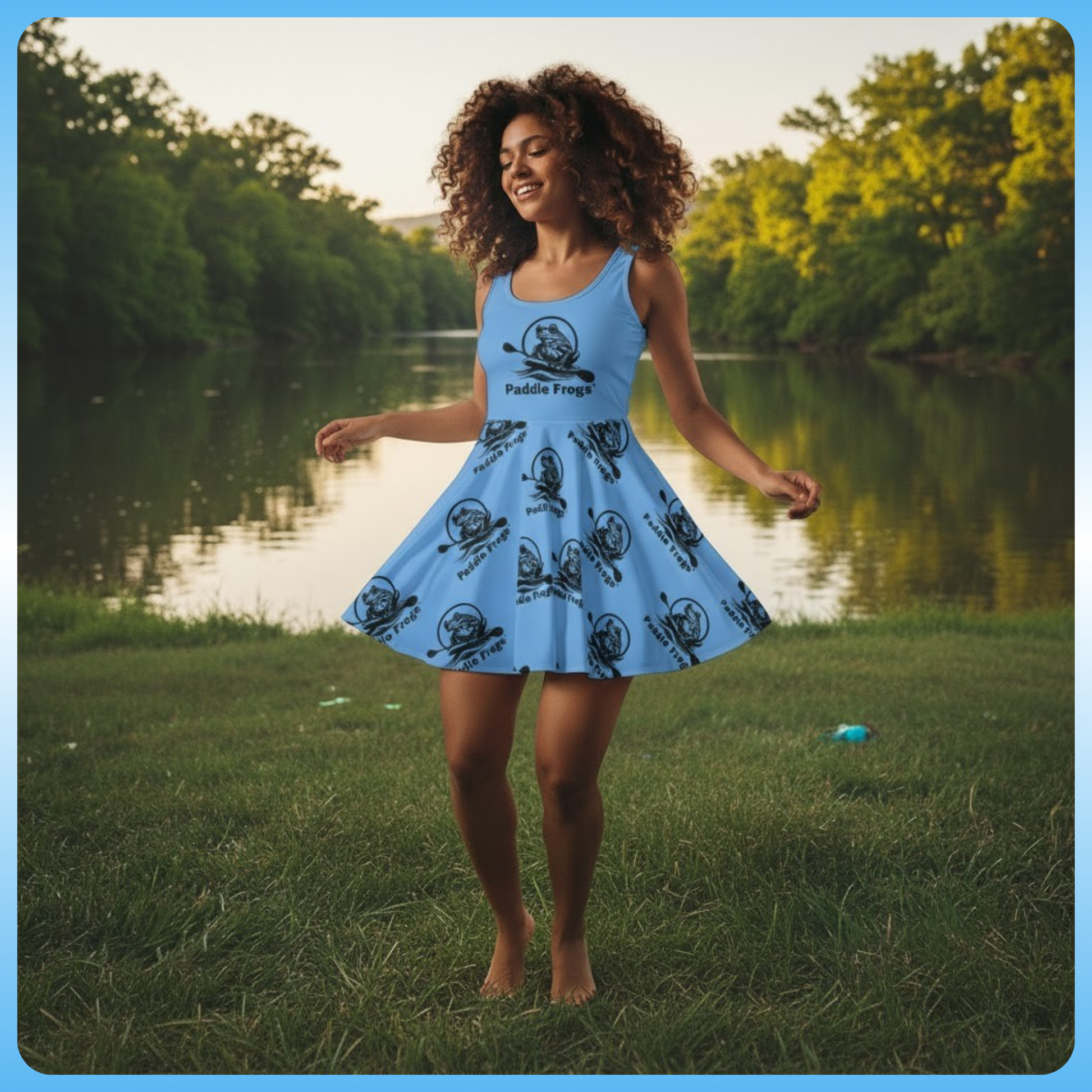 Beautiful Blue Sundress Skater Dress model at the lake dancing by Paddle Frogs Outdoor Gear