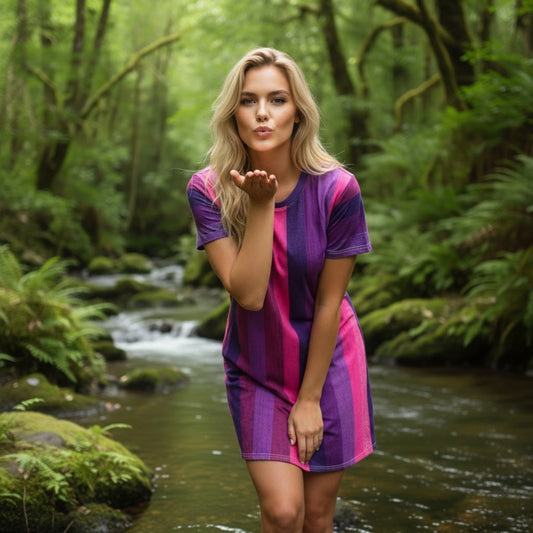 Belvedere Vista T-Shirt Dress | Paddle Frogs™ | Fuchsia & Violet Stripe blowing a kiss at the forest creek
