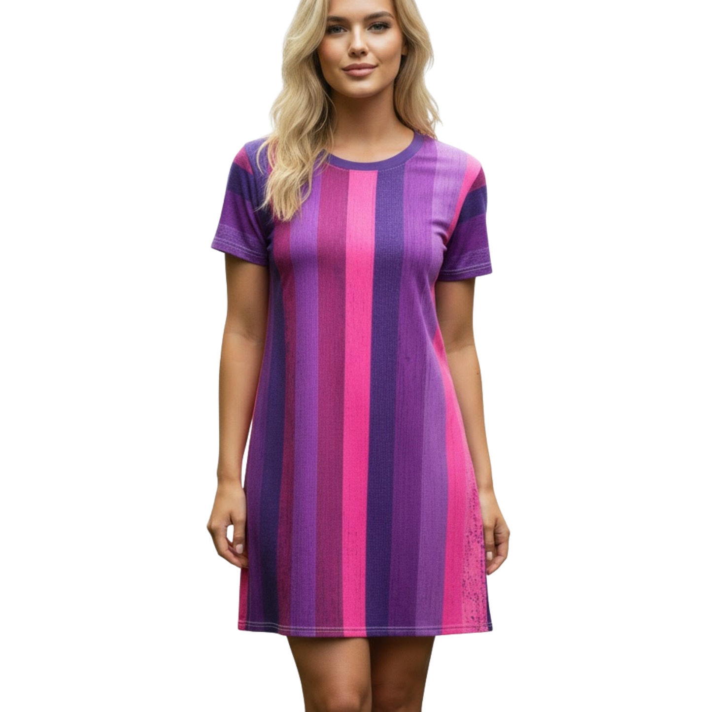 Woman wearing a purple and pink striped dress on a white background