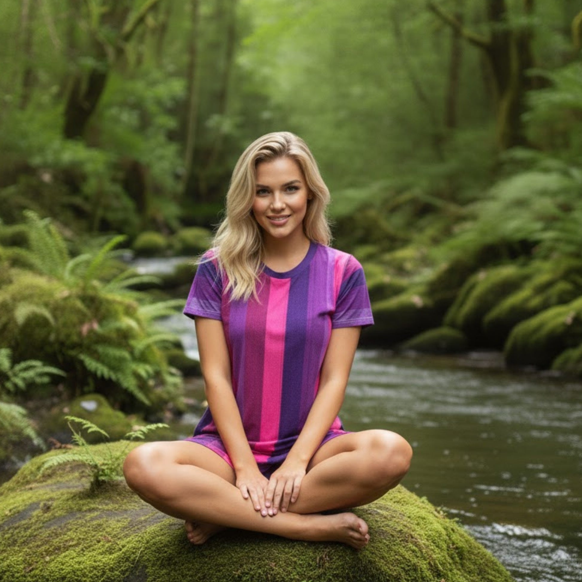 Woman sitting crisscross applesauce  on a mossy rock by a stream in a forest Belvedere Vista T-Shirt Dress | Paddle Frogs™ | Fuchsia & Violet Stripe