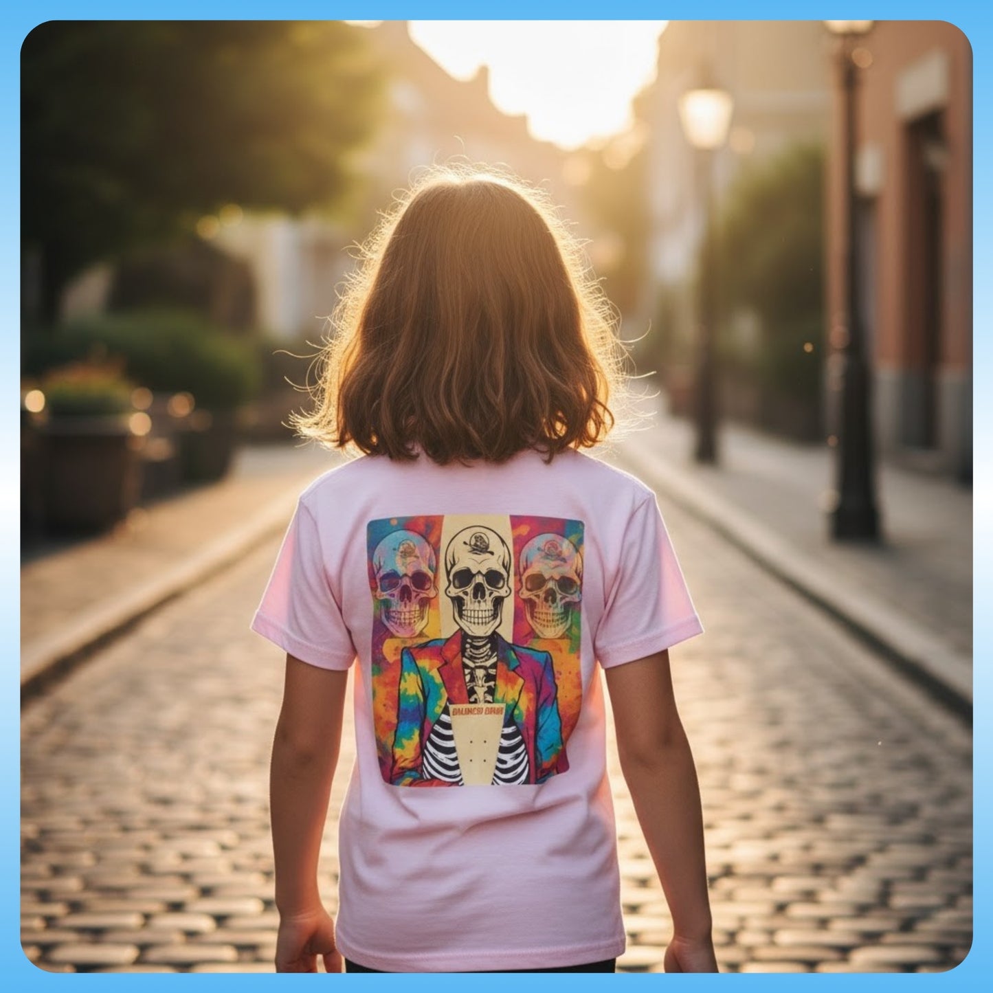 Person wearing a colorful skeleton design t-shirt on a street with a warm glow Bennie's Glide: The Pintail Poem girl in pink 