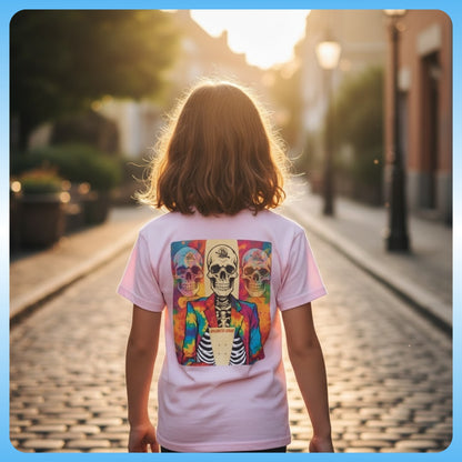 Person wearing a colorful skeleton design t-shirt on a street with a warm glow Bennie's Glide: The Pintail Poem girl in pink 