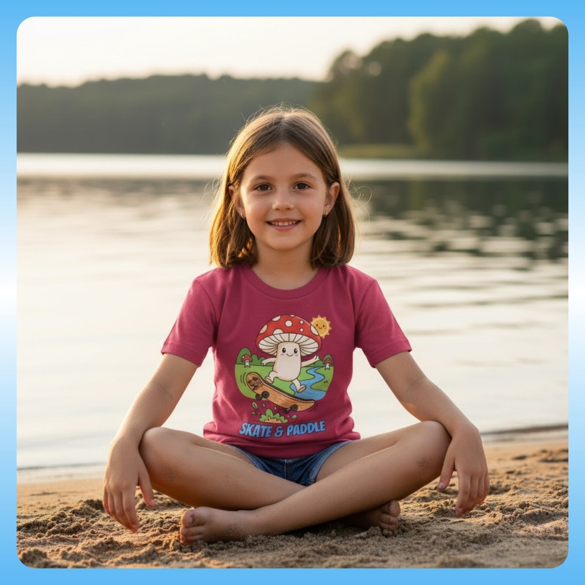 Asphalt - Gnarly Fungi Fun: The Skate-Shroom Adventure Tee! | Young girl sitting on a beach wearing a pink t-shirt with a cartoon design.