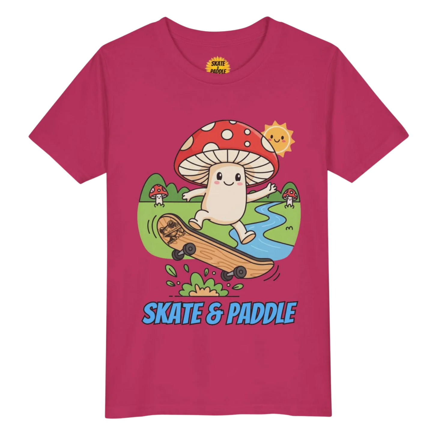 Berry Mushroom character skateboarding jumping a bush Paddle Frogs Kids - Skate & Paddle Tee