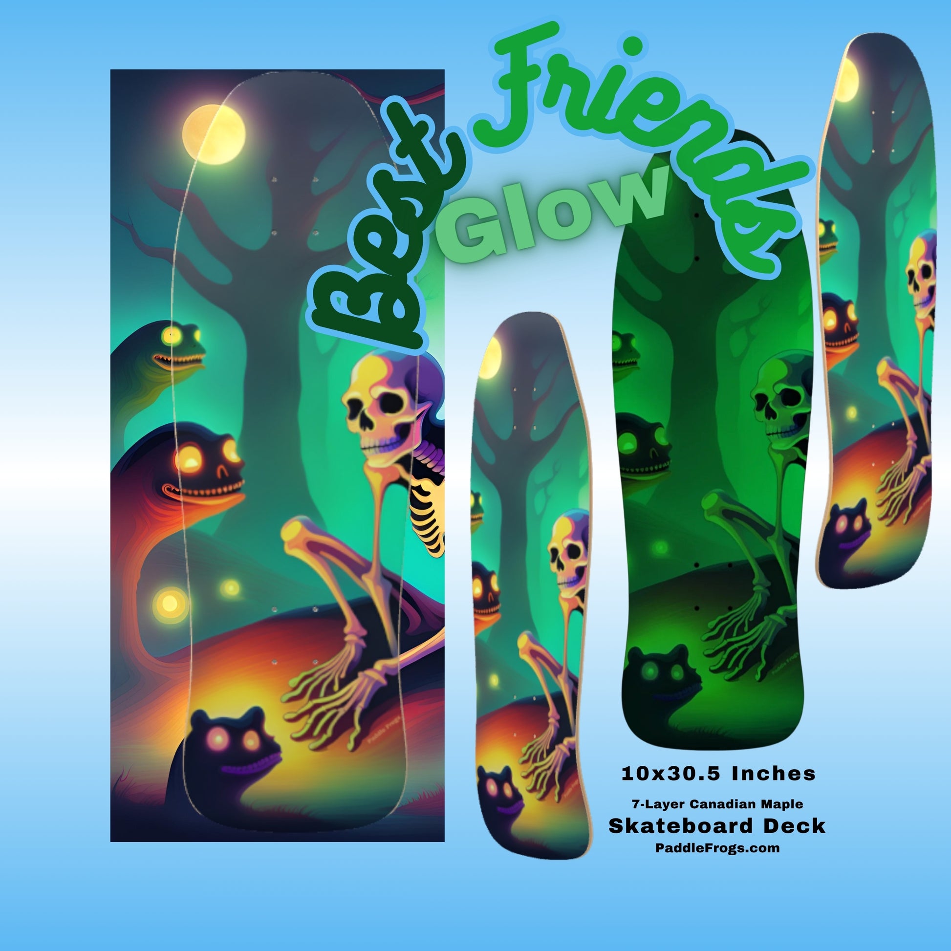 Best Friends Glow - Glow in the dark old school shredder skateboard deck by Paddle Frogs 