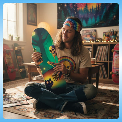 Person holding a colorful skateboard, Best Friends Glow by Paddle Frogs in a room with skateboards and posters on the wall.