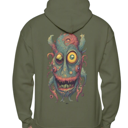 Bill | Hooded Jacket | Paddle Frogs™ Military Green hoodie with a colorful monster design on the back against a white background
