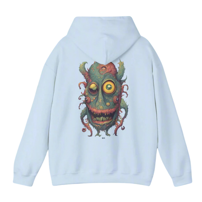 Bill | Hooded Jacket | Paddle Frogs™ light blue Light blue hoodie with a green monster graphic on the back against a white background