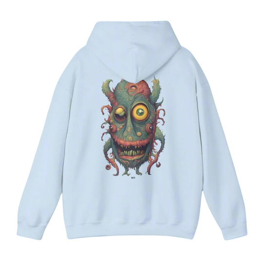 Bill | Hooded Jacket | Paddle Frogs™ light blue Light blue hoodie with a green monster graphic on the back against a white background